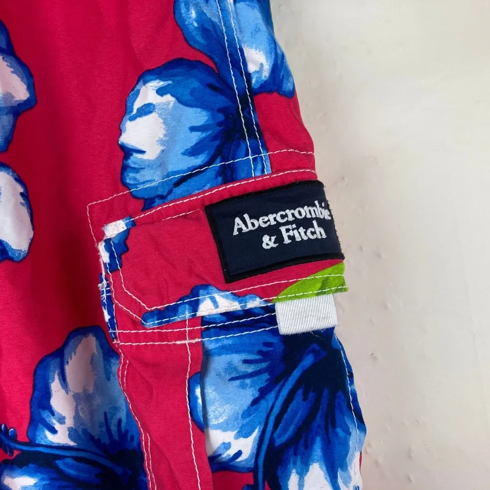 Abercrombie Y2K Board Shorts Mens M Pink Blue Floral Cargo Tropical Beach Surf